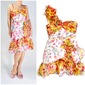 NEW with redesign Marchesa Notte Floral Ruffle Dress Size 8 White Yellow